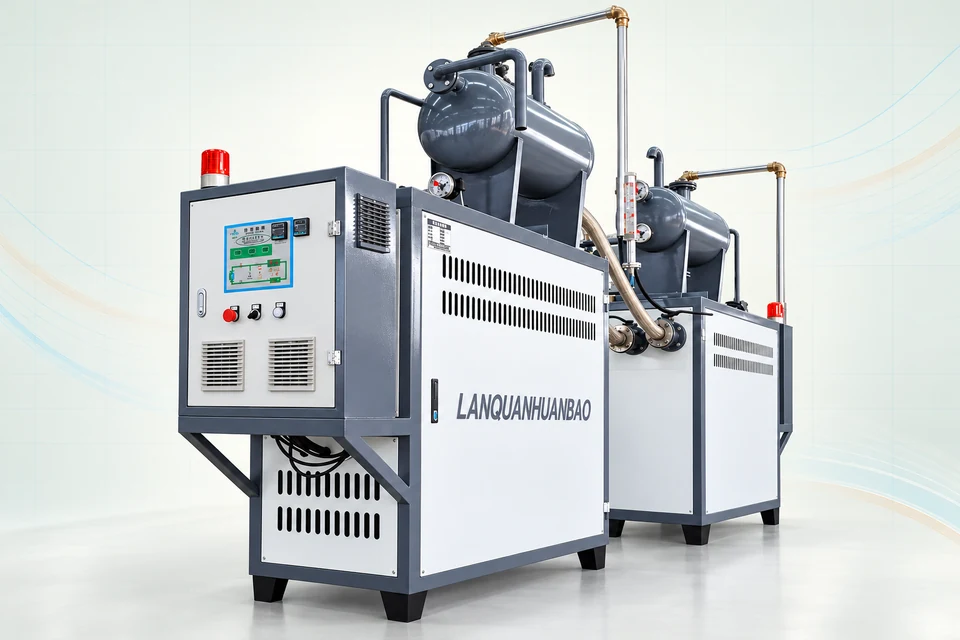 Two heating system units with control cabinets, pipework and vessels