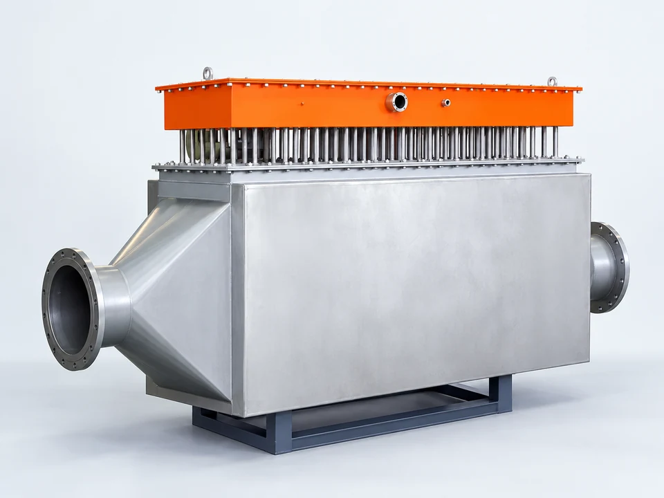 Duct air heater with orange terminal enclosure and metal duct assembly