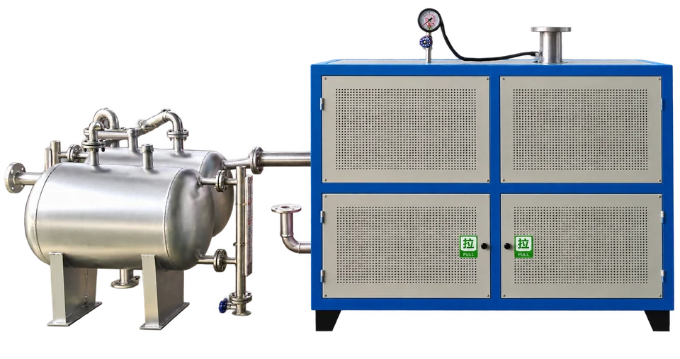 Thermal oil heating equipment with blue cabinet and stainless steel vessels