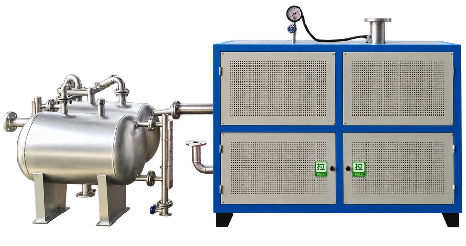 Industrial heating equipment with blue cabinet and stainless steel vessels