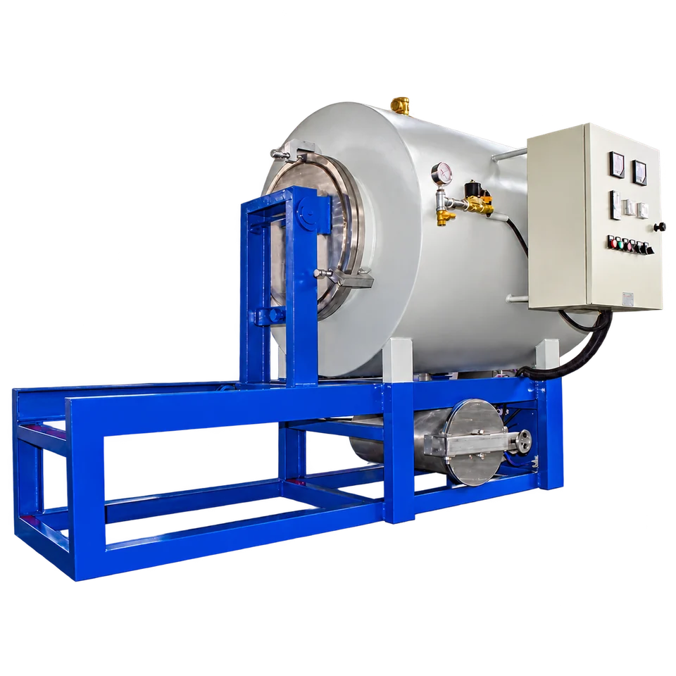 Silver horizontal furnace chamber on a blue frame with a side control cabinet