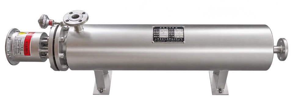 Industrial water heater with stainless steel shell, flanges and support feet